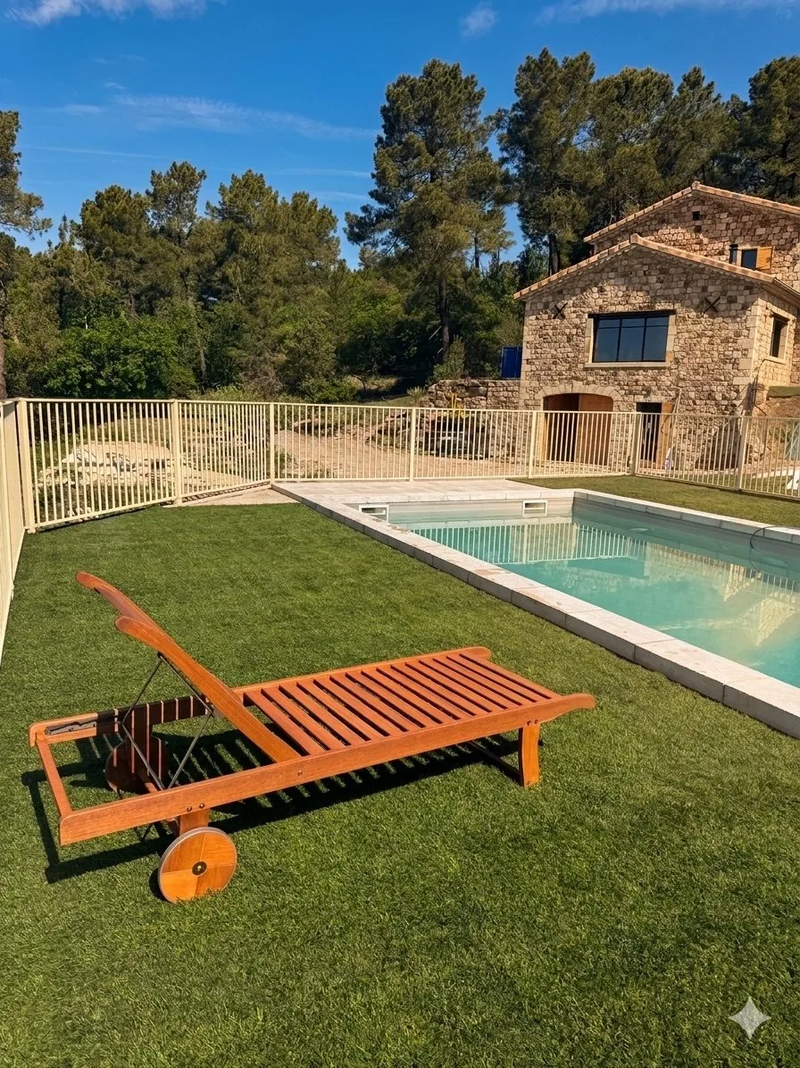La piscine et la maison de pierre
